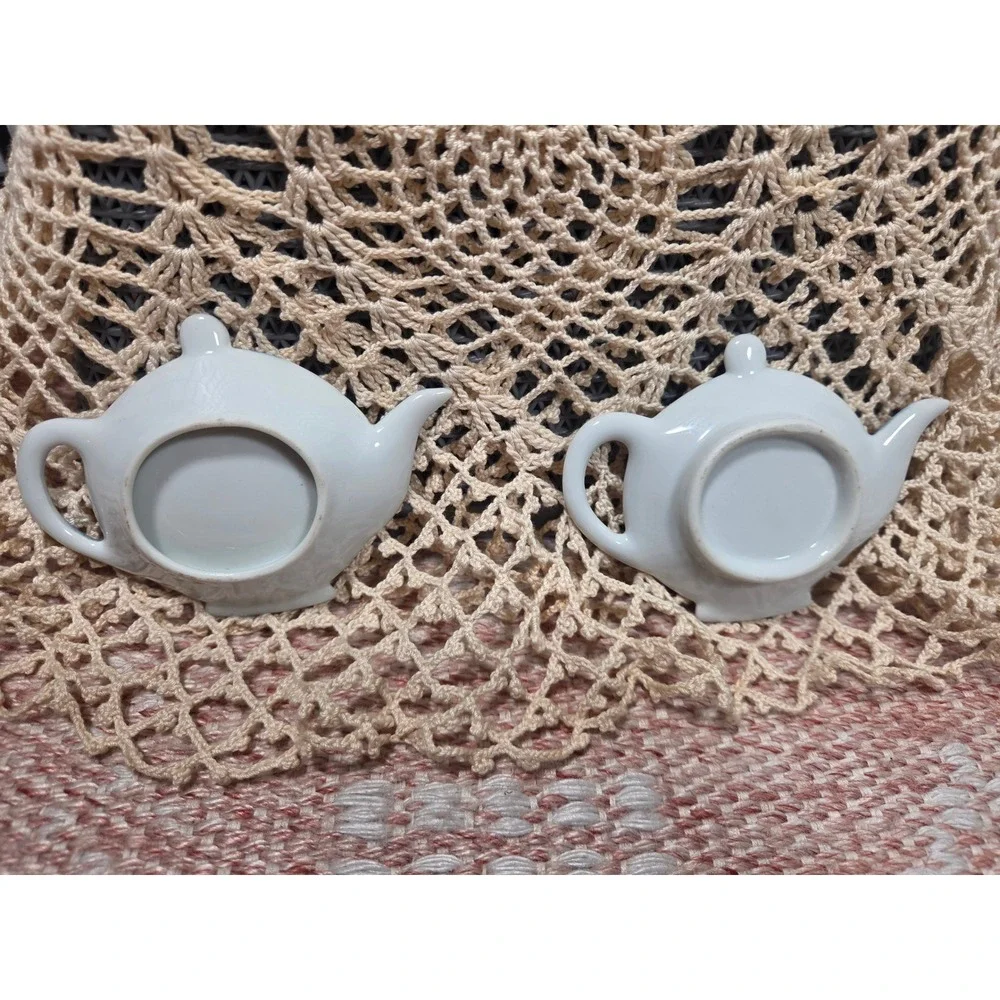 Vintage Signed J Wallace Porcelain Teapot Tea Bag Holder Coasters Set of 2 Blue